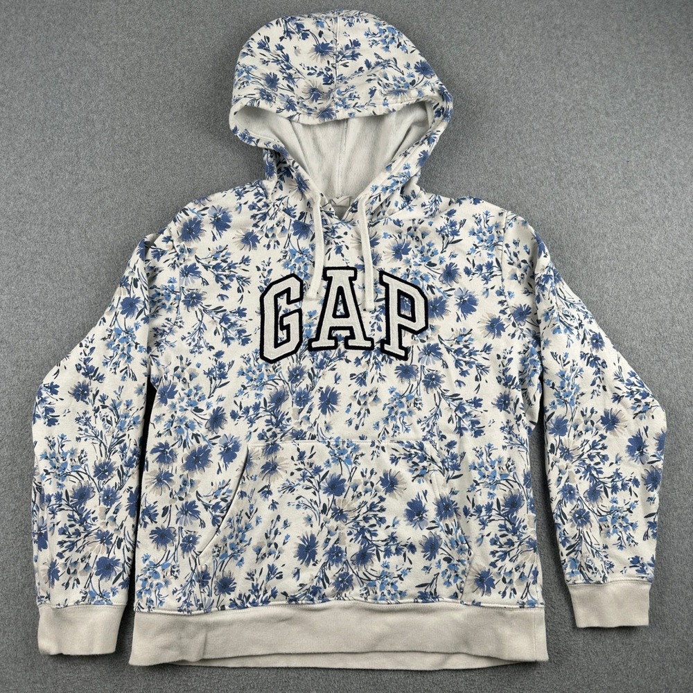 Gap Hoodie Womens M White Blue Floral Logo Pullover Fleece Sweatshirt Flower